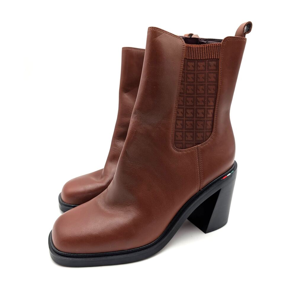 Sarto Paula Block Heel Bootie Women's Square Toe Leather Brown Size US7.5M EU38